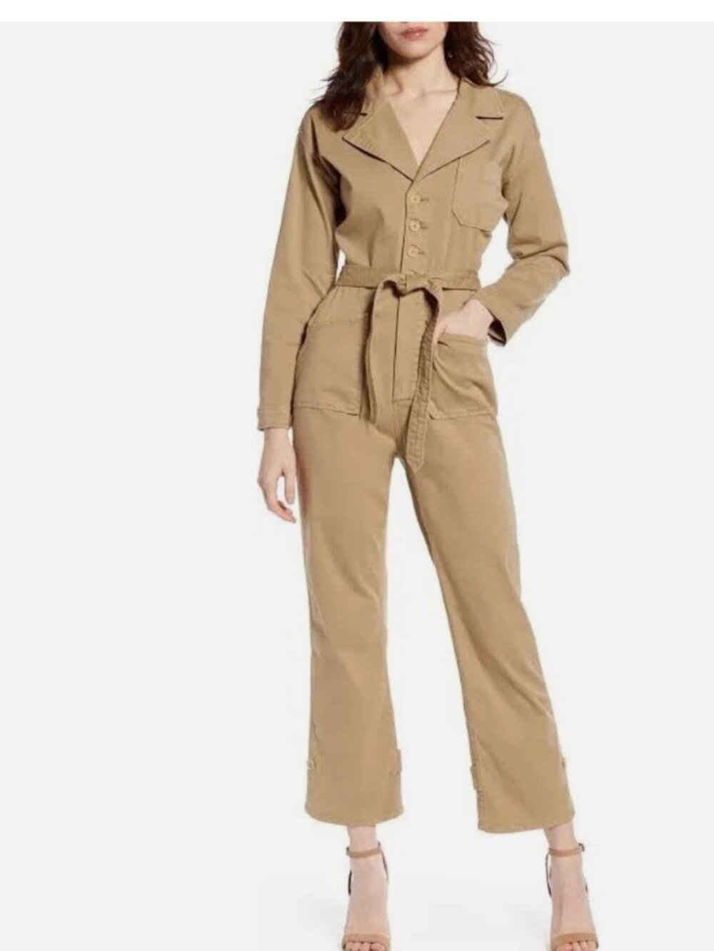 GOOD AMERICAN Khaki Button Long Sleeve Jumpsuit size 1/small